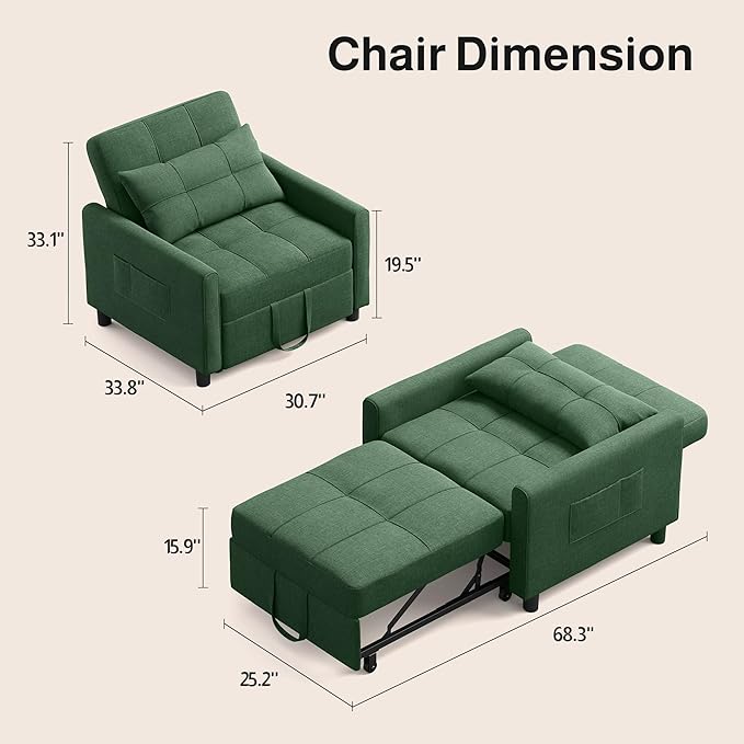 Ahomly Convertible Sleeper Chair Sofa Bed with 3-in-1 Design Adjustable Backrest and Storage Pocket for Living Room Green