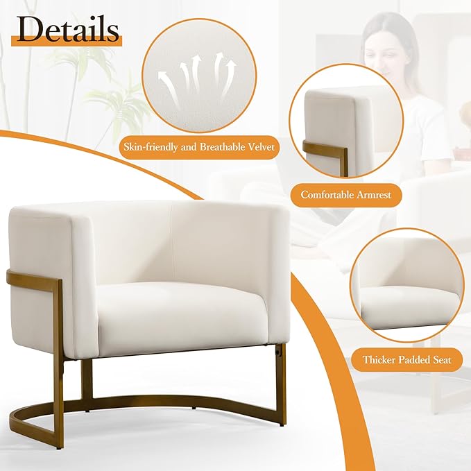 Modern Off-White Accent Chair Velvet Barrel Chair Padded Seat Upholstered Comfy Armchair for Reading/Living Room/Bedroom/Club Side Chairs with Luxury Gold Frame