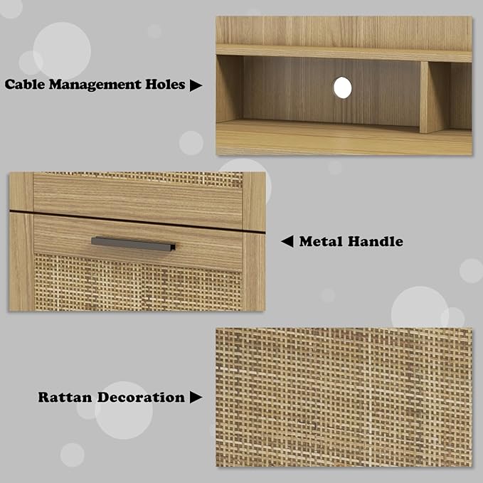 ENSTVER Small Computer Desk with Drawers and Hutch ShelfHome Office Small Desk with Storage File DrawersBoho Rattan Writing Study Desk for Bedroom