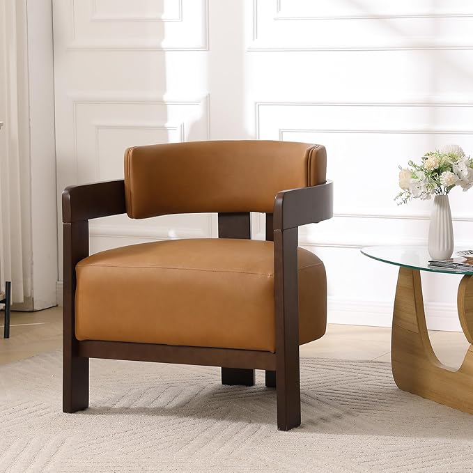 Modern Accent Chair Set of 2 Upholstered Guest Chair Barrel Chairs PU Leather Side Chair with Wooden Legs Armrest for Living Room Bedroom Brown