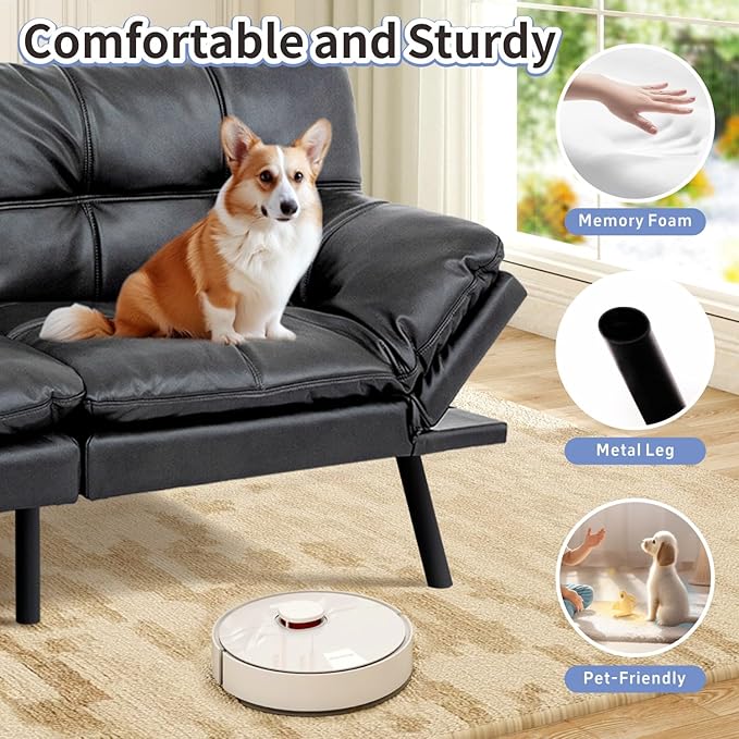 MUUEGM Futon Sofa Bed Memory Foam Matte Black Futons Modern Office Couch Sleeper Bed Convertible Love seat Sofa for Small SpacesApartmentOffice with Adjustable Armrest Backrest