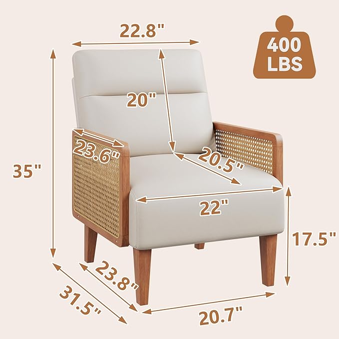 Mid Century Accent Chair Wooden Leisure Armchair with Rattan Armrest Boho Modern Comfy Reading Chair for Living Room Bedroom Lounge Side Club ChairBeige
