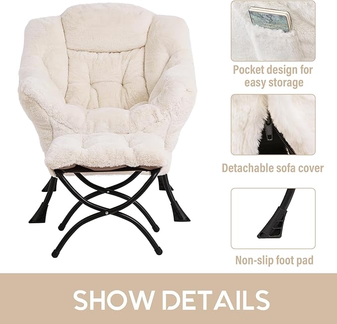 LITA Lazy Chair with Ottoman Modern Accent Leisure Upholstered Sofa Chair Lounge Reading Chair with Armrests and a Side Pocket for Living Room Bedroom &amp Small Space Plush Beige