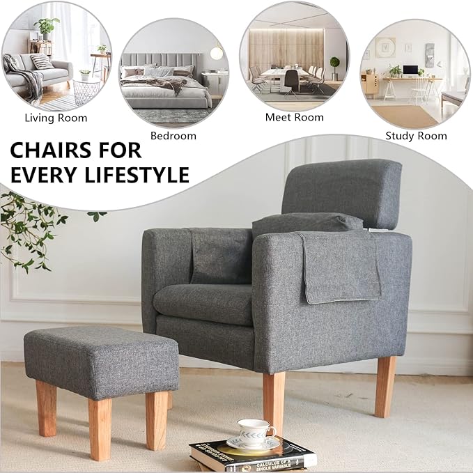 TAKUKA Modern Accent Chair with Ottoman SetComfy Fabric Armchair with Footrest Upholstered Chair with Side Pocket Soft Reading Lounge Chair for Living RoomBedroomOffice(Dark Grey)