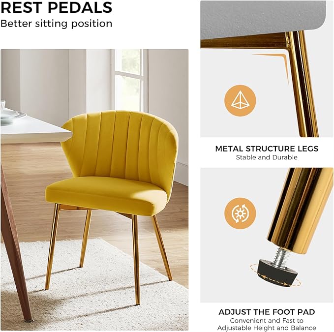 HULALA HOME Velvet Dining Chairs Modern Small Armless Accent Chair with Gold Metal Legs Living Room Upholstered Cute Side Chair Elegant Tufted Back Vanity Chair-Yellow