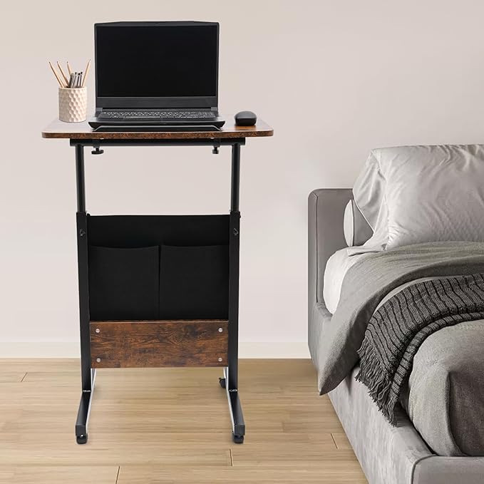Movable Standing Desk Adjustable Height&ampAngle Rolling Computer Stand Laptop Podium Desk Lectern Portable Tilting Top Mobile Standing Lifting Desk for Office Classroom School (Brown w/ Storage B