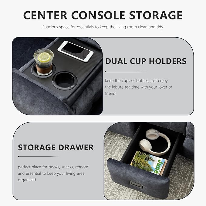 Loveseat Recliner Sofa Velvet Loveseat Reclining with Console for Living Room RV Recliner Couch with Cup Holder/AC/USB C/USB and Drawer Manual Reclining Love seat Couch (Gray)