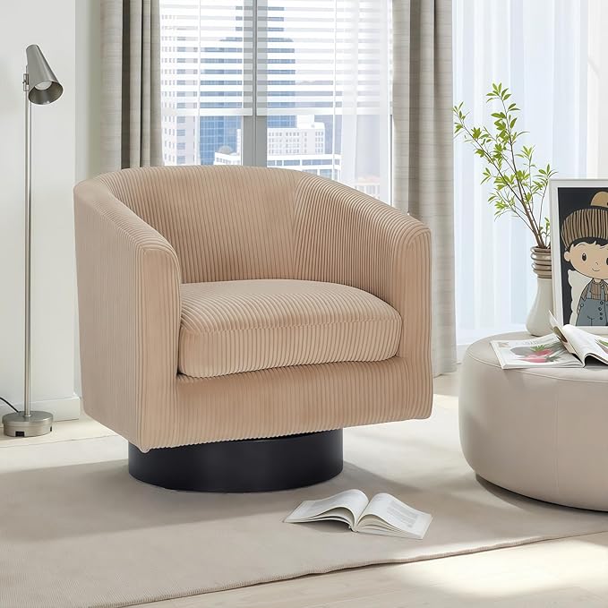 Swivel Accent Chair 360°Swivel Barrel Chair Comfy Upholstered Corduroy Club Armchair for Living Room Reading Room Bedroom (Light Brown)