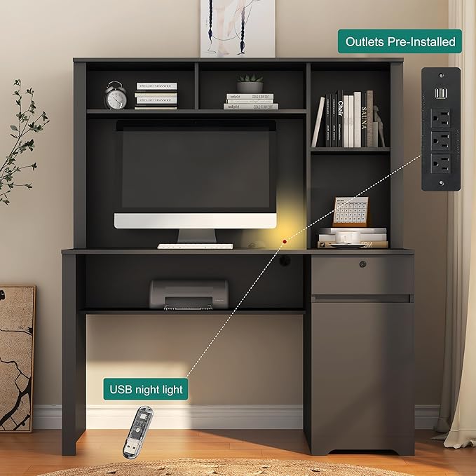 Computer Desk with Hutch and Drawers 50 Office Desk with Storage Shelves and Printer Stand Gaming Desk with Power Outlets &amp USB Charging Ports Sturdy Writing Workstation for Home (Black 51)