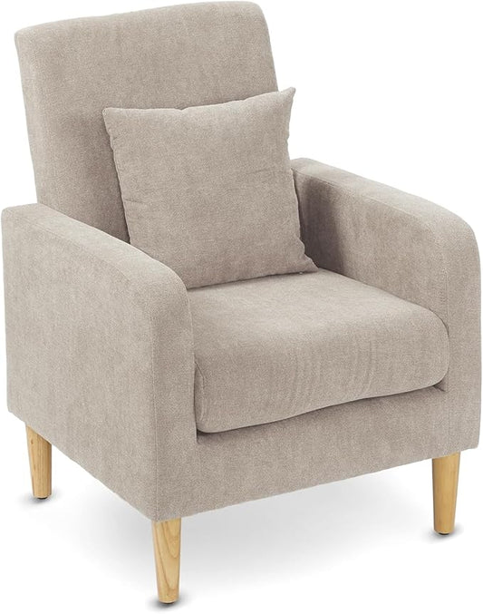 Upholstered Sofa Chair with Pillow Fabric Accent Armchair with Wooden Legs Comfy Lounge Chair for Living Room Bedroom or Office Supports up to 300 lbs (Beige)