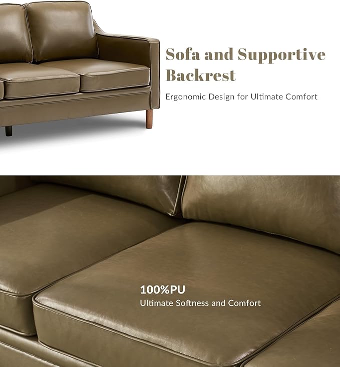 Kingfun Living Room Furniture Sets 3 Seater Couch and Armchair Mid Century Modern Sofa Set Faux Leather Couch with Solid Wood Frame for Living Room &amp Bedroom Olive Green