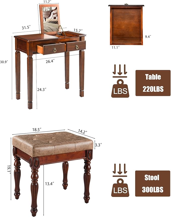 Makeup Vanity Desk Set with Flip Top Mirror 31.5 Wooden Vanity Table with Mirror Dressing Table with 2 Drawers &amp 7 Compartments Writing Desk with Padded Stool for Bedroom Cherry+Light Brown