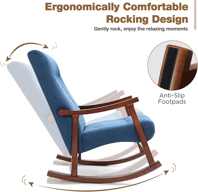 AVAWING Upholstered Rocking Chair with Fabric Padded Seat Comfortable Rocker Solid Wood for Living Room Modern High Back Armchair for Adult (Blue)