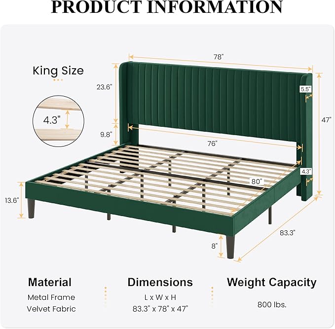SHA CERLIN King Size Velvet Bed Frame with Vertical Channel Tufted Wingback Headboard Upholstered Platform Bed with Wood Slats No Box Spring Needed Easy Assembly Green