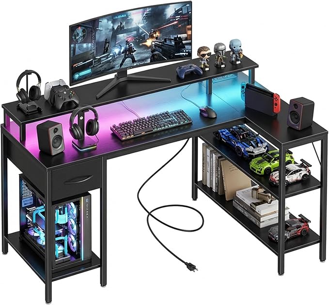 Alpen L Shaped Gaming Desk 47 Inch Computer Desks with Drawers Corner Desk Gaming Table with LED Lights &amp Power Outlets Monitor Stand Home Office Desk for Living Room Bedroom Black