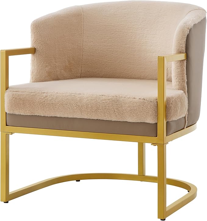 Christopher Knight Home Hailey Modern Accent Chair Faux Rabbit Fur Upholstered Lounge Chair Indoor Curved Backrest Armchair Soft Cushion Seating for Living Room Reading Home Brown + Gold