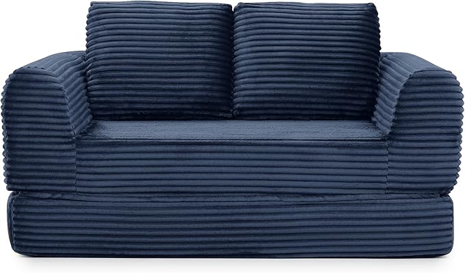 63 Corduroy Boneless Couch 2-Seater Compression Sofa with 2 Throw Pillows No Assembly Required Comfy Loveseat Sofa in a Box Modern Couches for Living Room (Blue 63 inch &amp Pull-Out Bed) | Bre