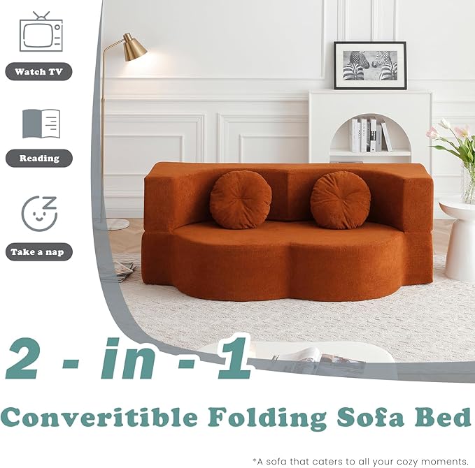76 Convertible Folding Futon Sofa Bed Queen Sleeper Sofa with Pillow Teddy Fabric Floor &amp Futon Loveseat Couch Foam Folding Mattress Sleeper for Living Room Guest Use OfficeApartment(Orange