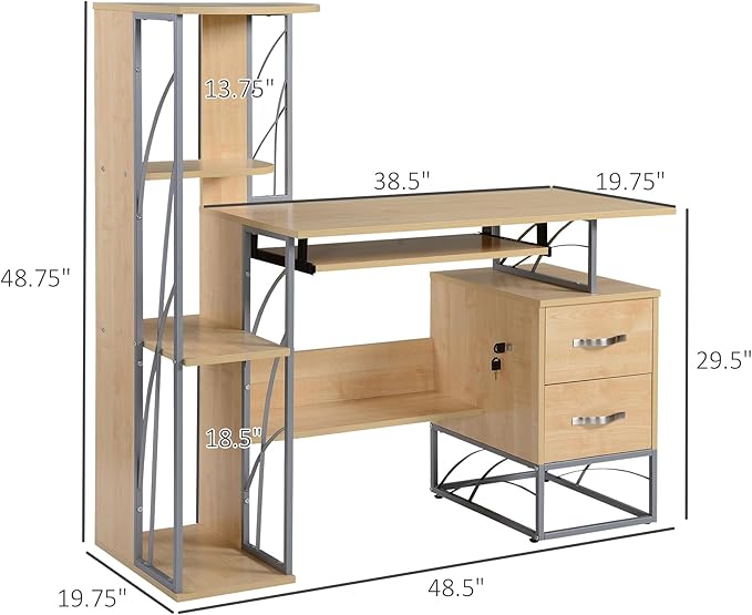 Modern Computer Desk with 4 Tier Bookshelf Home Office Writing Table Workstation with Tower Storage Shelves Keyboard Tray Lockable Drawers Natural