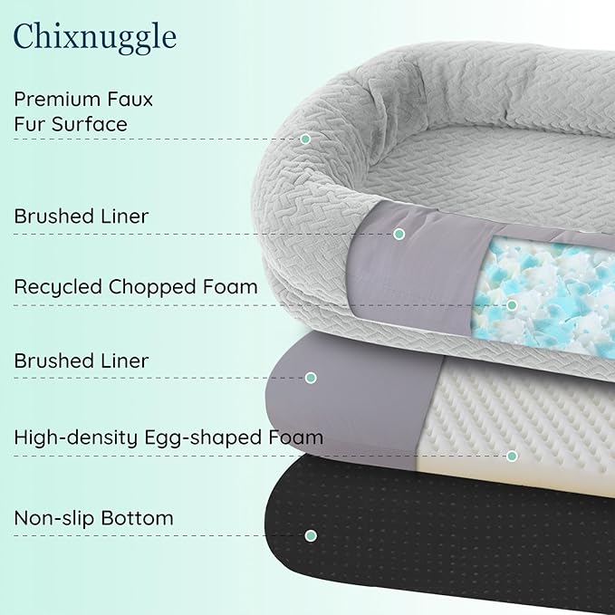 Human Dog Bed for Adult - Luxury Faux Fur Giant Size Dog Bed with Portable Handle Egg Orthopedic Foam with Blanket 72x40x10 Light Grey