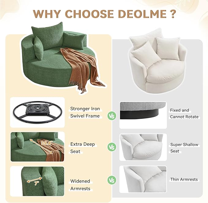 360° Swivel Barrel Chair - Oversized Round Sofa Chair and A Half with Pillows Comfy Modern Upholstered Chenille Deep Seat Circle Chaise Lounge for Living Room Bedroom Office Hotel (Moss Green)