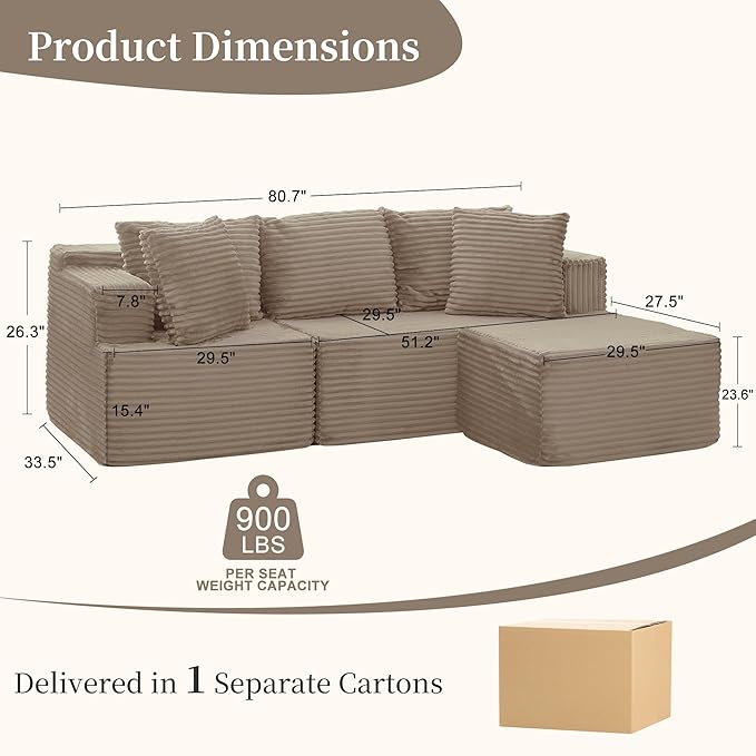 80 Cloud Modular Sectional Sofa with L-Shaped Boneless Couches for Living Room Fluffy Comfy Corduroy Deep Seat with Ottoman Bedroom Apartment No Assembly Required