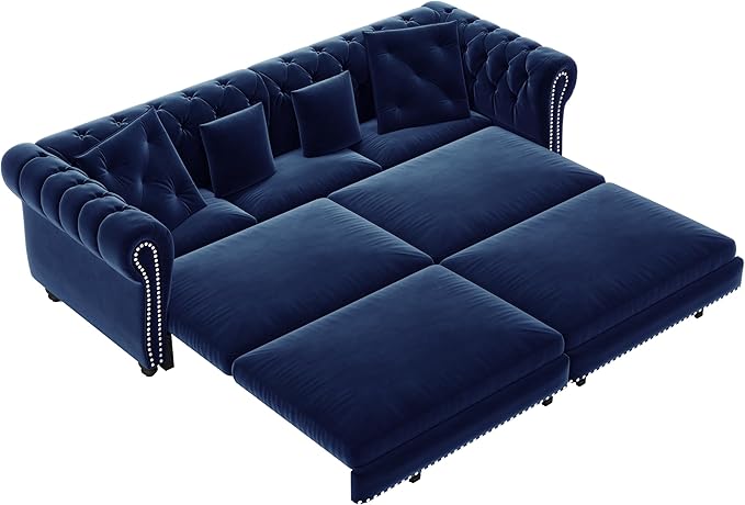 89 King Size Sleeper Sofa Bed 3-in-1 Convertible Pull Out Chesterfield Sleeper Couch with Ottoman Oversized Velvet Button Tufted L Shaped Sofa for Living Room Small Spaces Blue