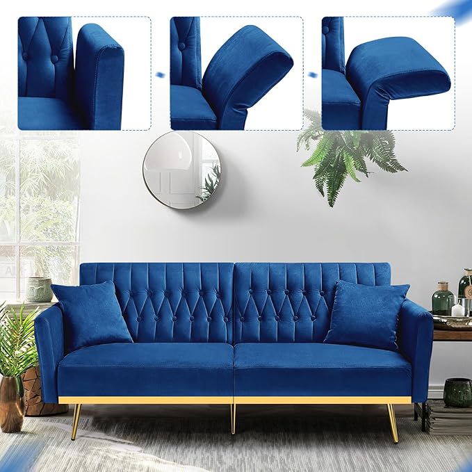 70” Velvet Futon Sofa Bed w/Adjustable Armrests and Backrest Convertible Futon Couch w/2 Pillows Modern Sleeper Bed for Living Room Bedroom Blue