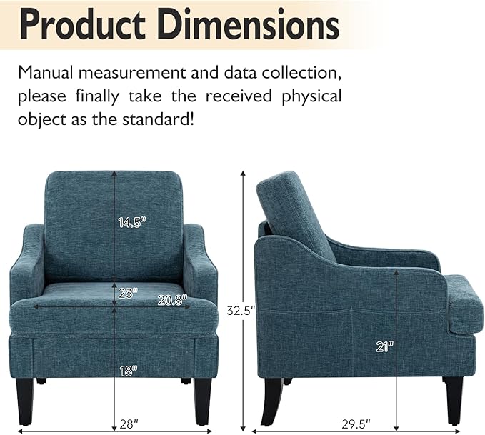 Accent Chair for Living Room Upholstered Chair with Side Pockets Comfy Living Room Accent Chairs for Bedroom Mid Century Modern Armchair for Office Apartment Waiting Room Club (Blue)