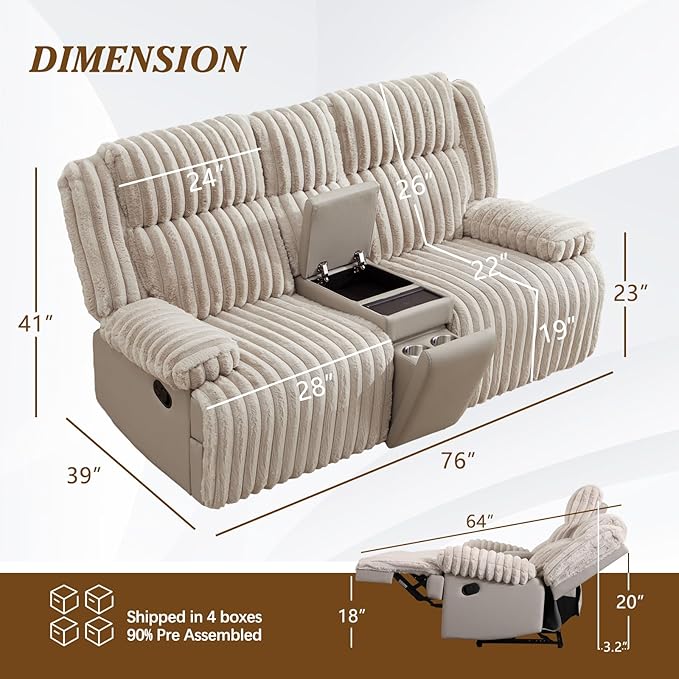 Oversized Reclining Loveseat with Hidden Cup Holders &amp Wireless Charger Wall Hugger Reclining Sofa Manual Double Recliner Loveseat with USB Ports for Living Room (Beige Loveseat)