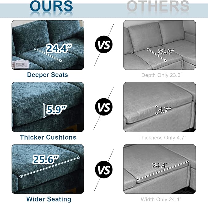 VINGLI 110 Large U-shape Sectional Sofa Couch with 51D Double Chaise for Living Room Modern Sectional Couch Set with Soft 5.9 Thickness Seating Padding Chenille Fabric Metal Gold Legs(Rich Cyan)