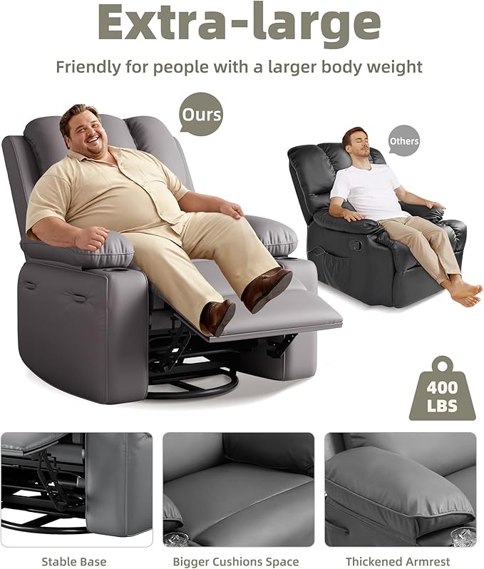 GarveeHome Recliner Chairs Classic Manual Leather Recliner Home Theater Seating with Lumbar &amp Arms Support for Living Room Bedroom and Nursery (Grey-27)