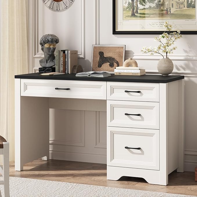 Vabches Farmhouse Executive Desk with Drawers Home Office Desk with File Drawer Wood Computer Desk with Ample Storage Rustic Office Desk with Spacious Tabletop for Work Black