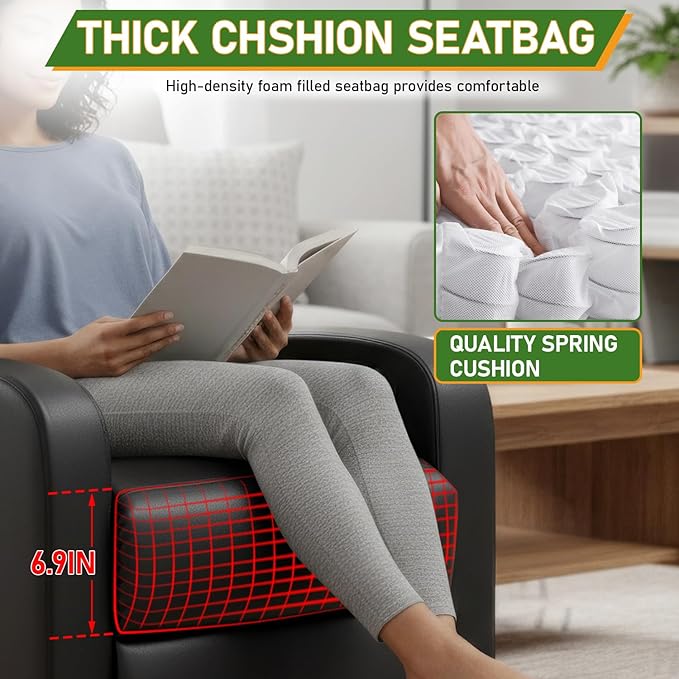 PayLessHere Recliner Chair Single Reclining Sofa Home Theater Seating with Lumbar Support and Padded Backrest for Living Room and Bedroom (Leather Black-Massage)
