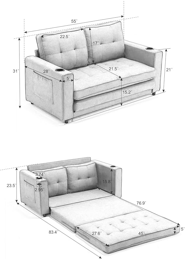 ERYE Foldable Loveseat Sofa Convertible Pull Out Sleeper Sofabed2 Seat Tufted Upholstered Sofa Modern Convertible Sleeper Couch Bed with Cupholders and Side Pockets