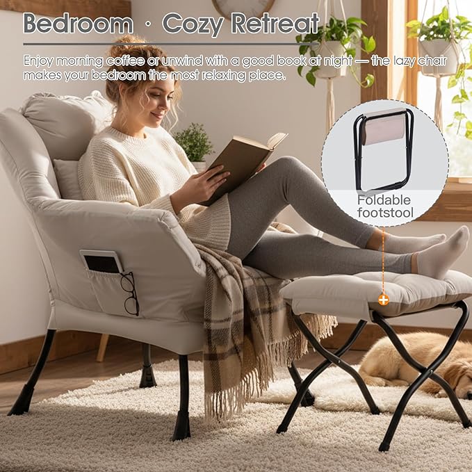 Lazy Chair with Ottoman Large Accent Chair with Ottoman and a Throw Pillow Beige Reading Chair for Living Room Bedroom Dorm Room Office Apartment Relaxing Use