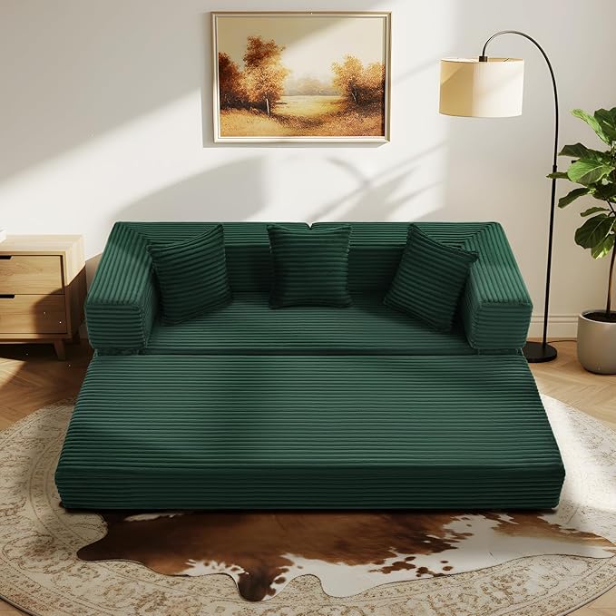 5-in-1 Folding Convertible Sofa Bed 78 Inch Corduroy Boneless Couch Loveseat Sleeper with Pull Out Bed Floor Sofa Modular Futon Couch for Living Room Small Place No Assembly Deep Green