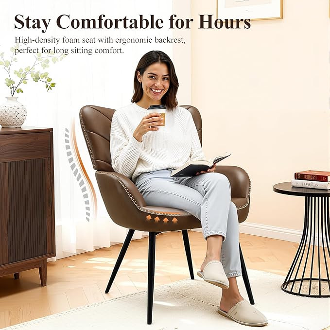 Mid-Century Modern Faux Leather Accent Chair for Living Room Upholstered Armchair with Curved Ergonomic Back High-Density Cushion &amp Metal Legs Lounge Chair for Bedroom/Reading Corner
