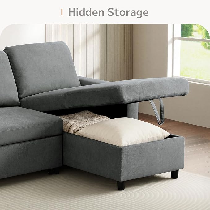 L-Shaped Sleeper Sofa with Chaise Lounge &amp Storage Pull-Out Couch Bed with Recliner Full Size Futon for Living Room Office Apartment Dark Grey