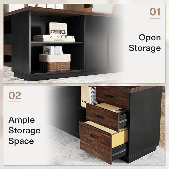 Tribesigns L-Shaped Executive Desk 78-Inch Large Office Desk with Drawers and Lateral File Cabinet Modern Business Furniture with Storage Shelves Workstation for Home Office (Walnut + Black)