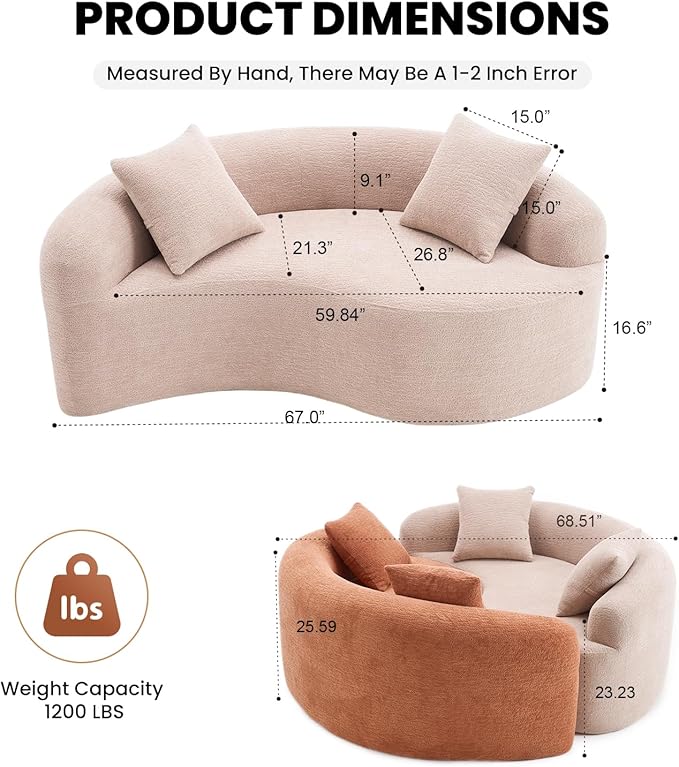 66.9'' Modular Sectional Loveseat Chenille Upholstered Boneless Curved Loveseat with Deep SeatCombination Round Sofa for Coffee Shop Game Room Office (Beige 66.9 Inch)