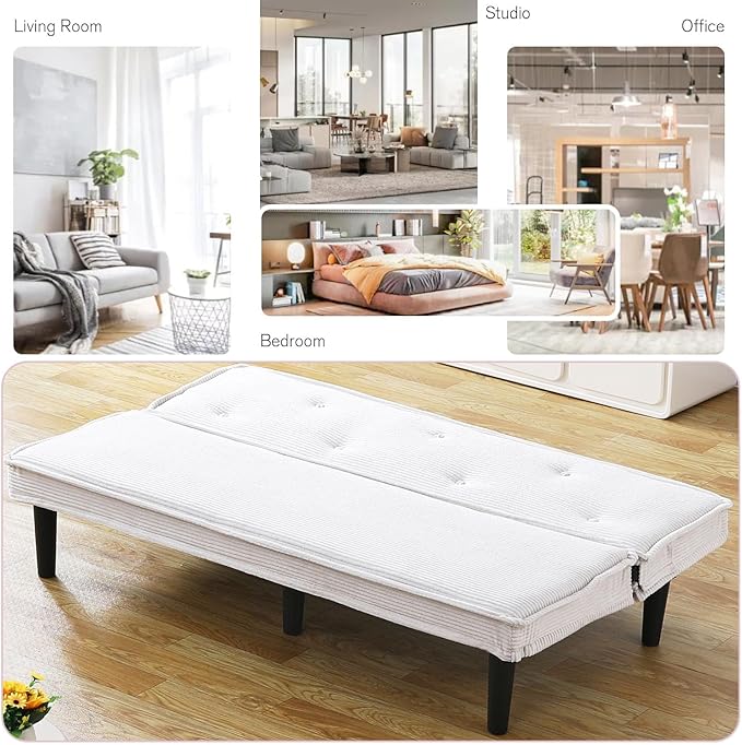 Convertible Futon Sofa BedCorduroy Folding Loveseat Couch with Adjustable BackrestDouble Sleeper Sofa Couches for Small Spaces Living Rooms Apartment Office (Beige-1)