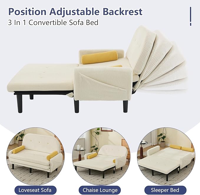 Convertible Sofa Bed 3 in 1 Pull Out Couch Futon Loveseat Sleeper with Adjustable Backrest Removable Armrests Side Pockets &amp USB Charging for Living Room Apartment Small Space (Ivory)