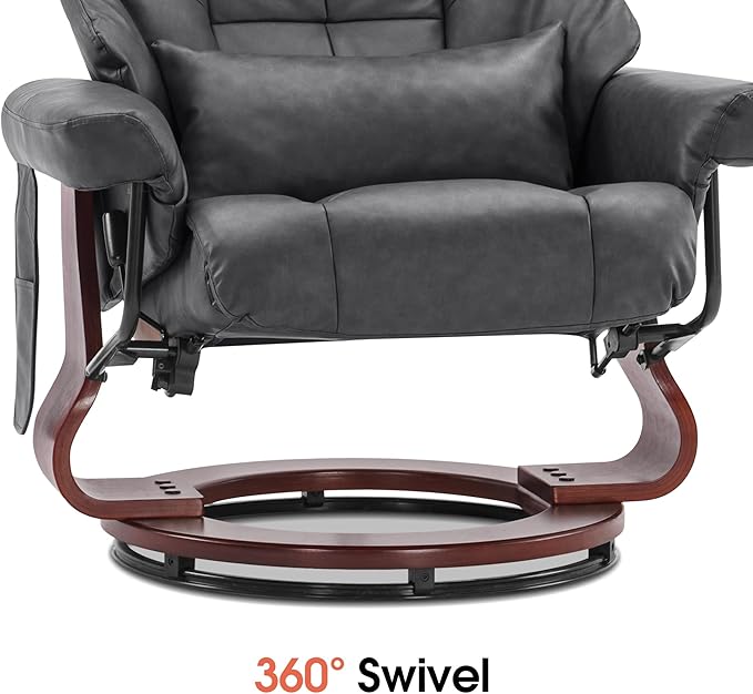MCombo Manual Swivel Recliner with Ottoman Reclining Chair with Vibration Massage for Small Spaces Living Room Office Faux Leather 9068 (Dark Grey)