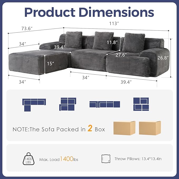 VK·LIVING 113 Cloud Sectional Couch Deep Seat Boneless Sofa with Wide Armrests 16.5'' Height Modular Plush Corduroy Memory Foam Couch for Living Room Office No Assembly Dark Gray