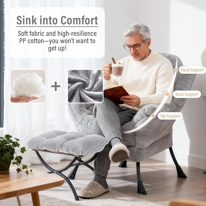 Lazy Chair with Ottoman Modern Accent Chair with Armrests and a Side Pocket Plush Grey Accent Chairs Reading Chairs Oversized Armchairs for Bedroom Study Living Room Courtyard