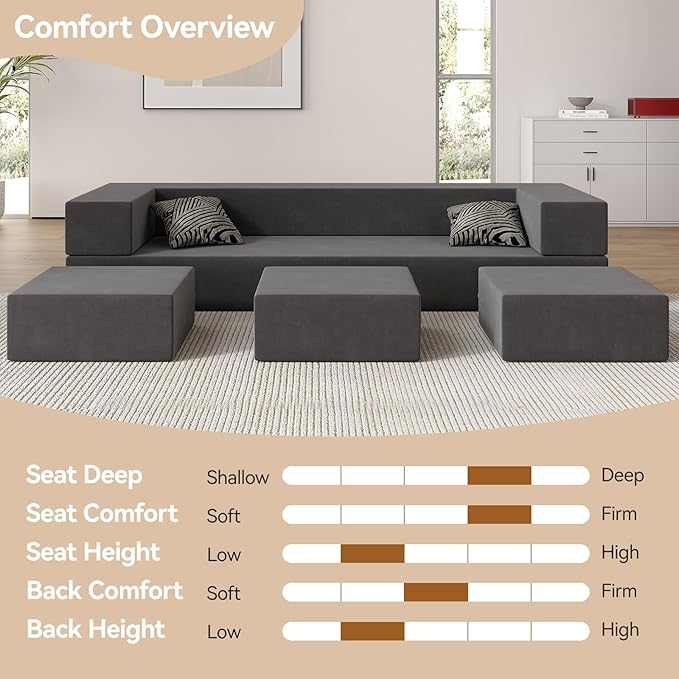 Folding Sofa Bed - Convertible Velvet Floor Couch Bed with Removable Cover 3 Ottomans Fold Out Couch Memory Foam Mattress Lazy Sofa for Dorm/Guest Room/Home Office Queen Grey