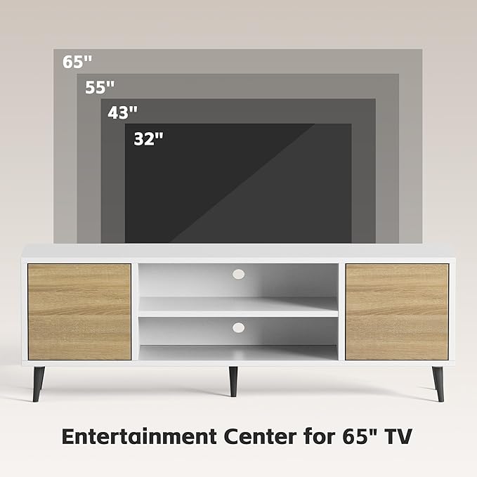 JUMMICO TV Stand for 65 Inch TV Mid Century Modern TV Stand Entertainment Center with Storage Cabinet and Open Shelves TV Console Table Media Cabinet for Living Room and Bedroom (White)