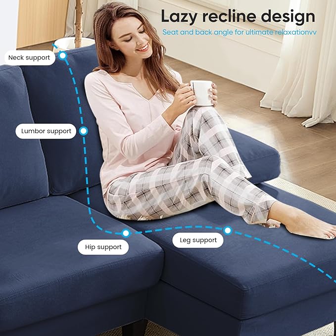 Mjkone 110 Width Sectional Couches with Chaises for Living Room U Shaped Cloud Sofa Couch with Ice Velvet Fabric Minimalist 4 Seater Sofa Set Living Room Sets Furniture for Home Office Blue