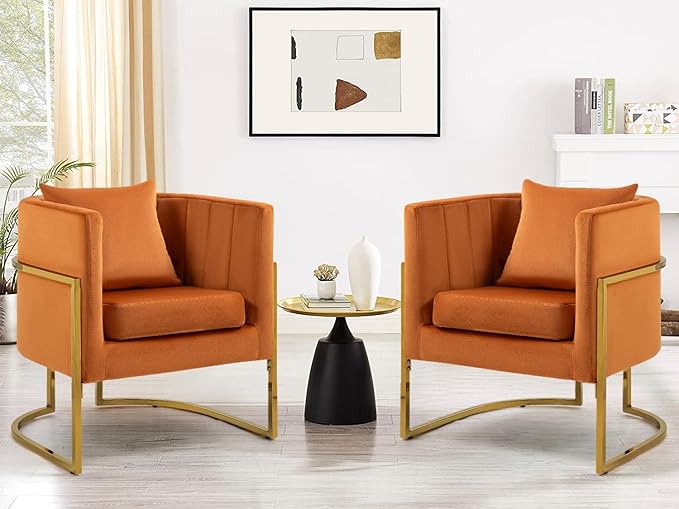 Velvet Modern Living Room Accent Chairs Set of 2 Upholstered Mid-Century Barrel Chairs for Bedroom Side Club Reception Chairs with Gold Metal Legs Orange